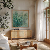 Bay Laurel by Danhui Nai. Shown in a natural wood frame in a cozy modern living room. Available as an archival giclee rolled canvas, fine art paper, or poster print. SKU 56799a.