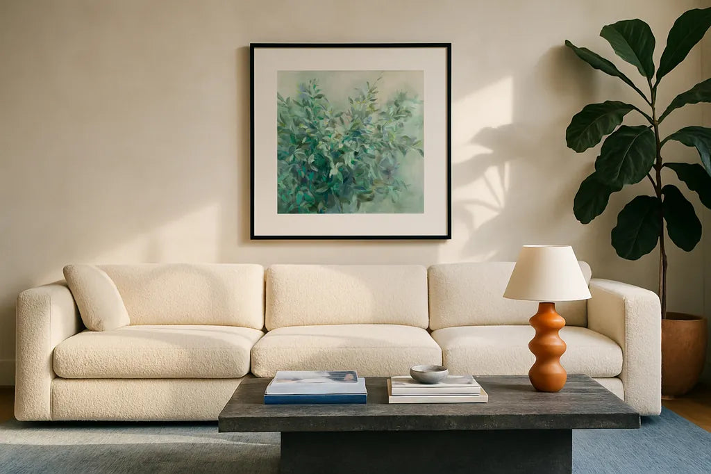 Bay Laurel by Danhui Nai. Displayed in a glass frame with matte in a clean modern living room. Available as an archival giclee rolled canvas, fine art paper, or poster print. SKU 56799a.