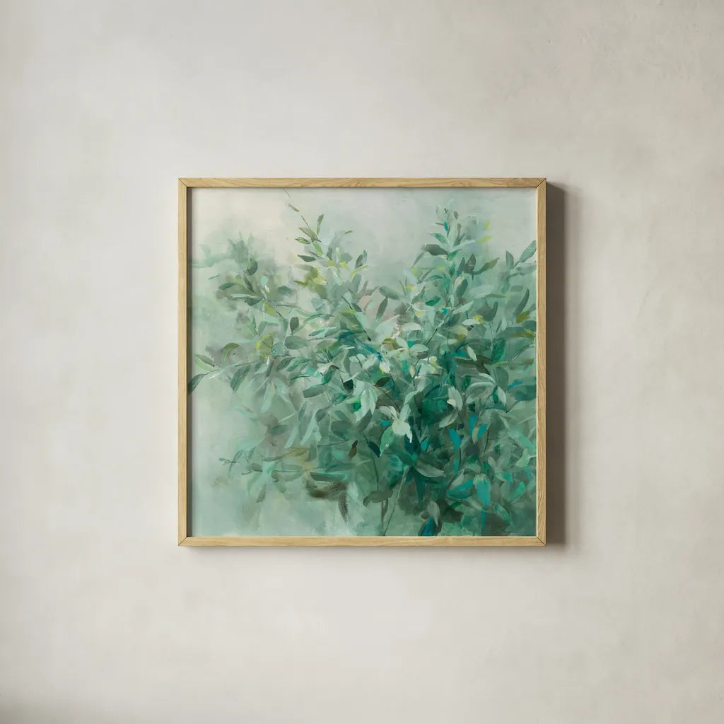 Bay Laurel Neytral Flipped by Danhui Nai. Shown in a natural wood glass frame for a timeless modern aesthetic. Available as an archival giclee rolled canvas, fine art paper, or poster print. SKU 59128a.