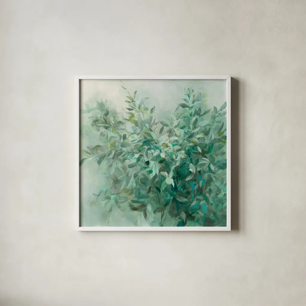 Bay Laurel Neytral Flipped by Danhui Nai. Shown in a crisp white glass frame for a clean and minimalist style. Available as an archival giclee rolled canvas, fine art paper, or poster print. SKU 59128a.