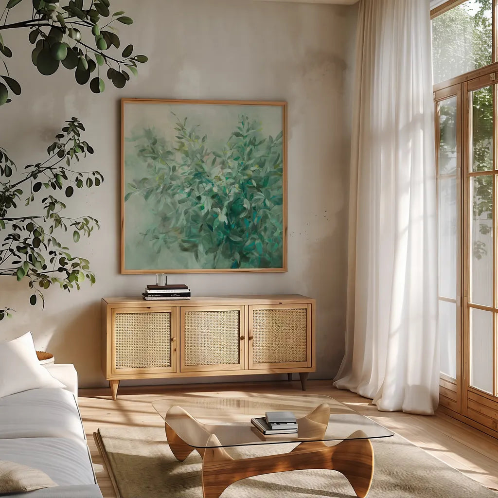 Bay Laurel Neytral Flipped by Danhui Nai. Shown in a natural wood frame in a cozy modern living room. Available as an archival giclee rolled canvas, fine art paper, or poster print. SKU 59128a.