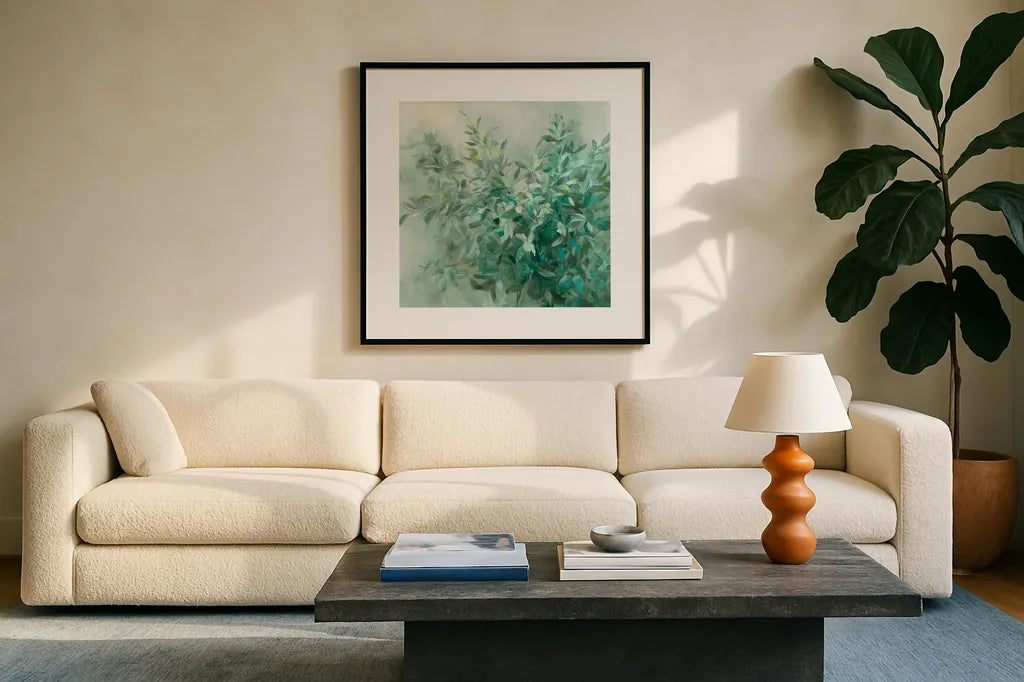 Bay Laurel Neytral Flipped by Danhui Nai. Displayed in a glass frame with matte in a clean modern living room. Available as an archival giclee rolled canvas, fine art paper, or poster print. SKU 59128a.