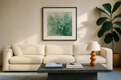 Bay Laurel Neytral Flipped by Danhui Nai. Displayed in a glass frame with matte in a clean modern living room. Available as an archival giclee rolled canvas, fine art paper, or poster print. SKU 59128a.