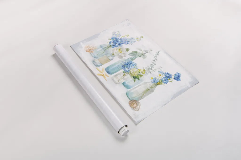 Beach Cottage Florals I by Danhui Nai. shown as a rolled paper print. Available as archival giclee rolled canvas, fine art paper, or poster print. SKU 47119i.