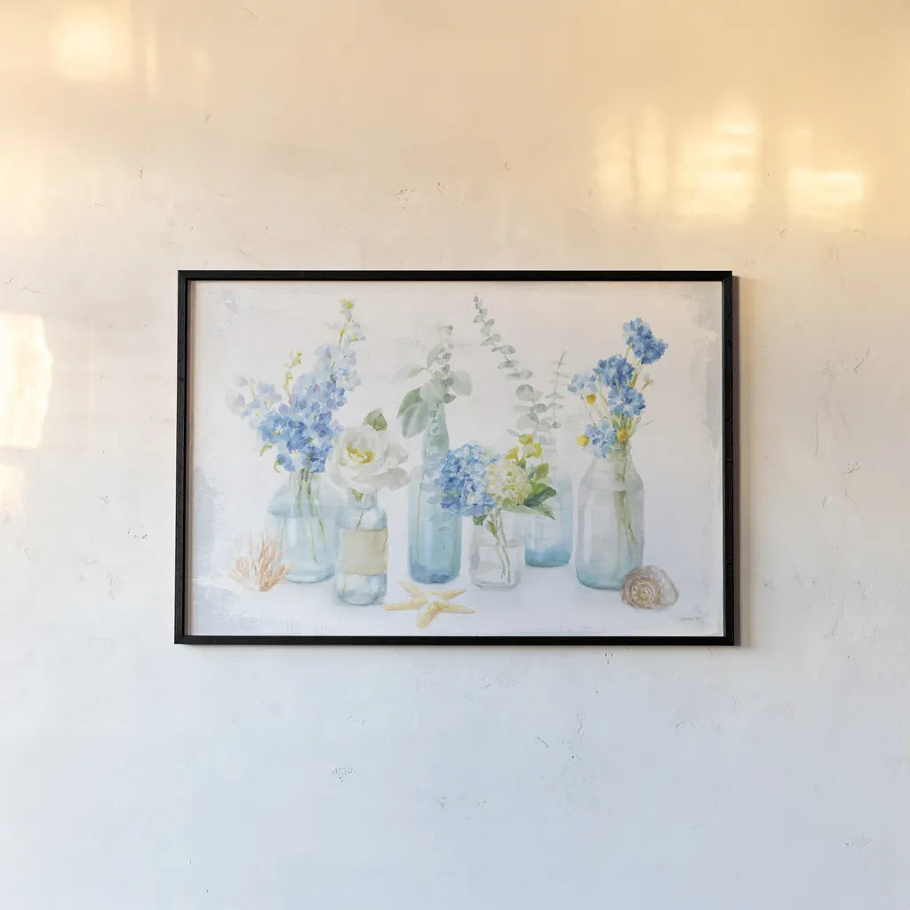 Beach Cottage Florals I by Danhui Nai. shown as a paper print in a black flame. Available as a archival giclee rolled canvas, fine art paper, or poster print. SKU 47119i.