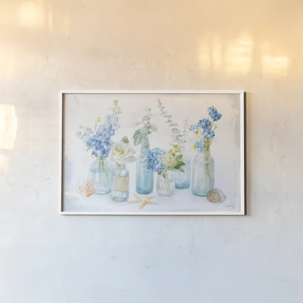 Beach Cottage Florals I by Danhui Nai. shown as a paper print in a white frame. Available as a archival giclee rolled canvas, fine art paper, or poster print. SKU 47119i.