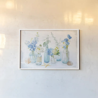 Beach Cottage Florals I by Danhui Nai. shown as a paper print in a white frame. Available as a archival giclee rolled canvas, fine art paper, or poster print. SKU 47119i.