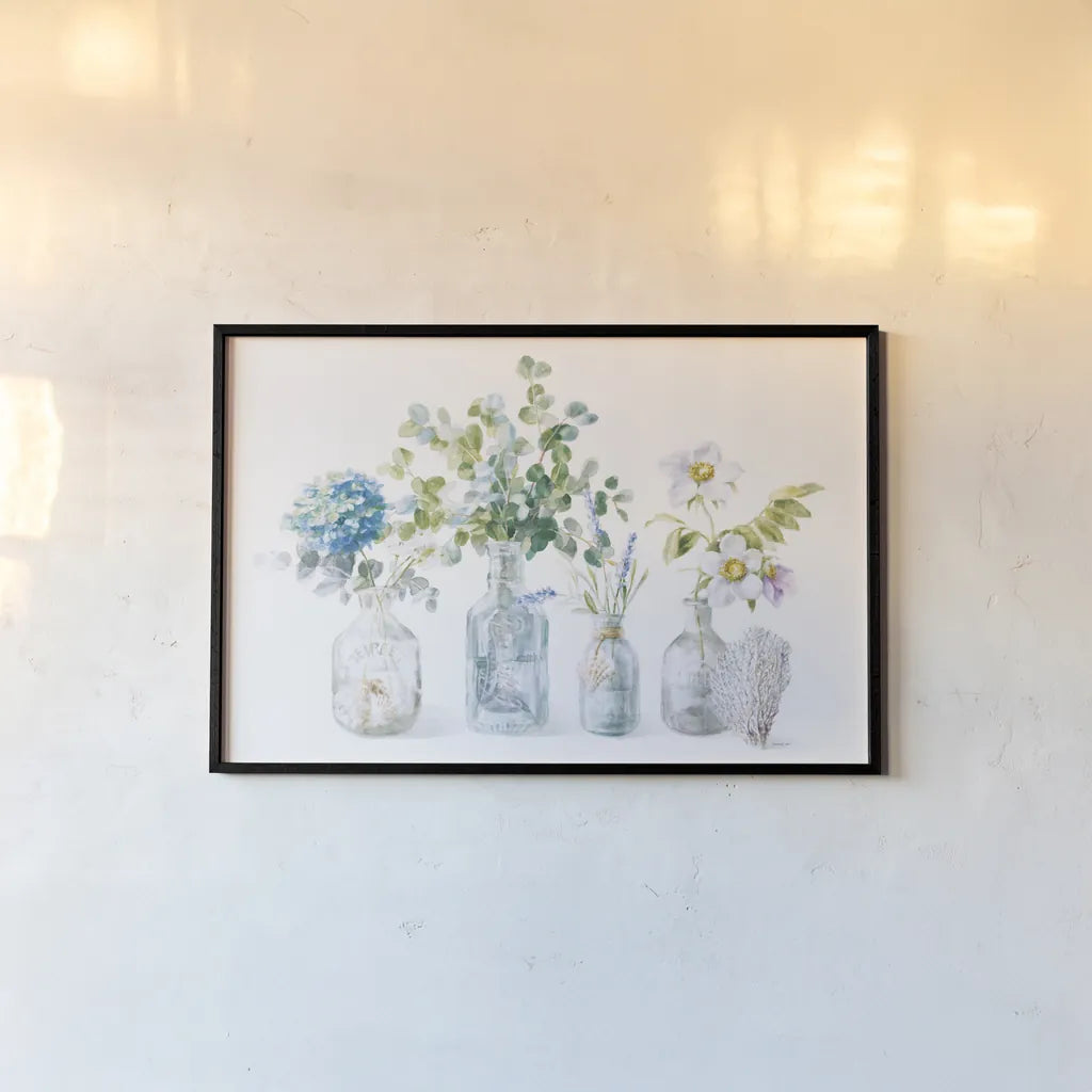 Beach Flowers I by Danhui Nai. shown as a paper print in a black flame. Available as a archival giclee rolled canvas, fine art paper, or poster print. SKU 44418i.