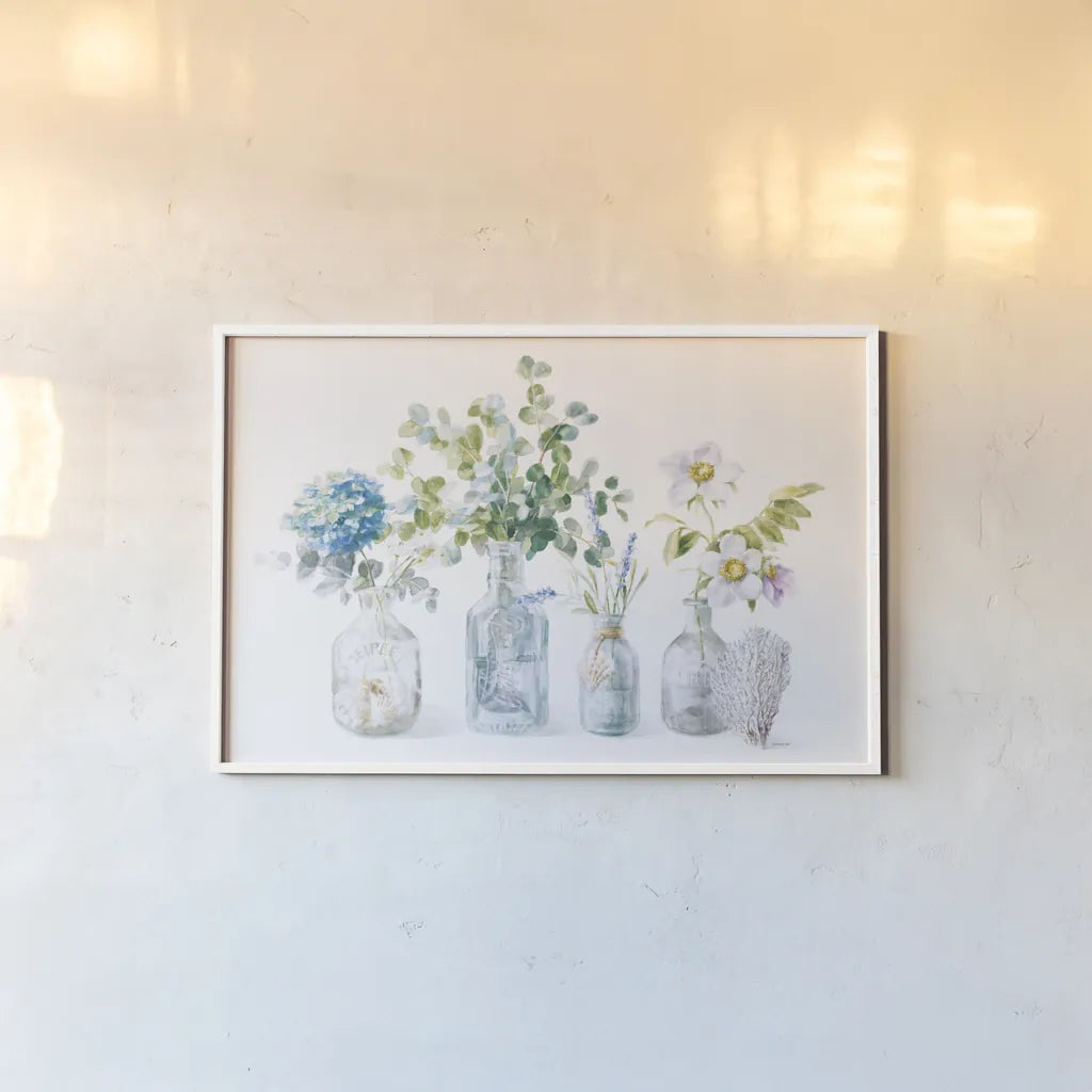 Beach Flowers I by Danhui Nai. shown as a paper print in a white frame. Available as a archival giclee rolled canvas, fine art paper, or poster print. SKU 44418i.