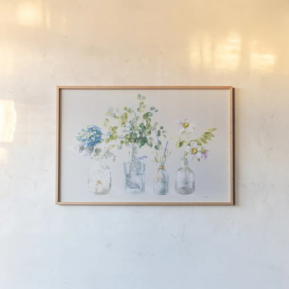 Beach Flowers I Grey by Danhui Nai. shown as a paper print in a natural frame. Available as a archival giclee rolled canvas, fine art paper, or poster print. SKU 57726i.