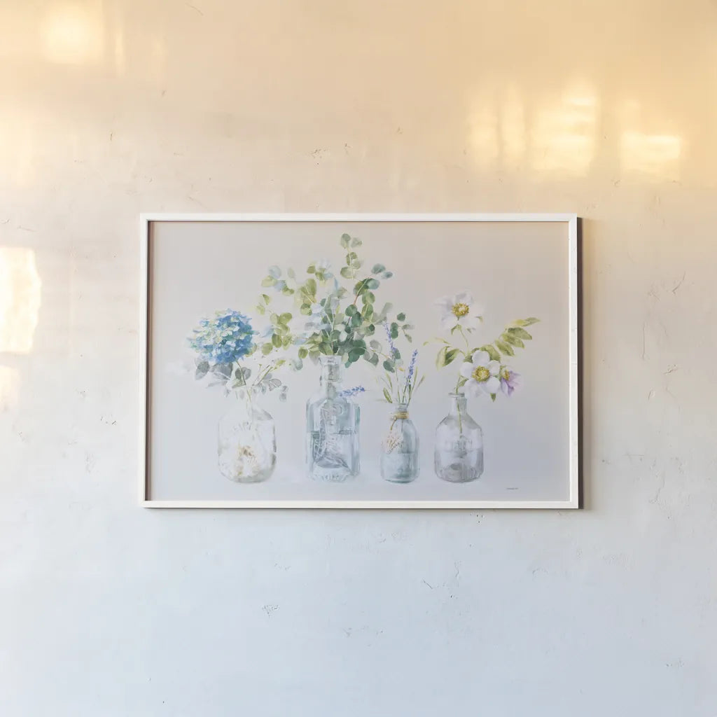 Beach Flowers I Grey by Danhui Nai. shown as a paper print in a white frame. Available as a archival giclee rolled canvas, fine art paper, or poster print. SKU 57726i.