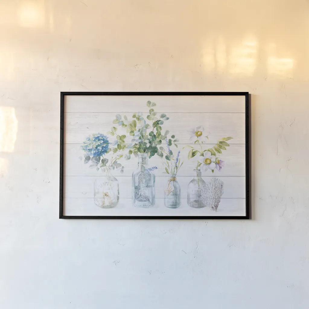 Beach Flowers I Shiplap by Danhui Nai. shown as a paper print in a black flame. Available as a archival giclee rolled canvas, fine art paper, or poster print. SKU 44431i.