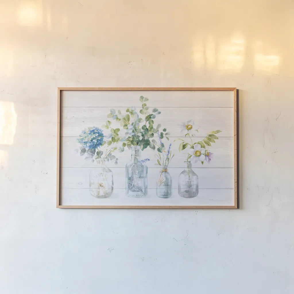 Beach Flowers I Shiplap No Coral by Danhui Nai. shown as a paper print in a natural frame. Available as a archival giclee rolled canvas, fine art paper, or poster print. SKU 84634i.