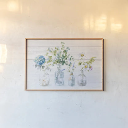 Beach Flowers I Shiplap No Coral by Danhui Nai. shown as a paper print in a natural frame. Available as a archival giclee rolled canvas, fine art paper, or poster print. SKU 84634i.