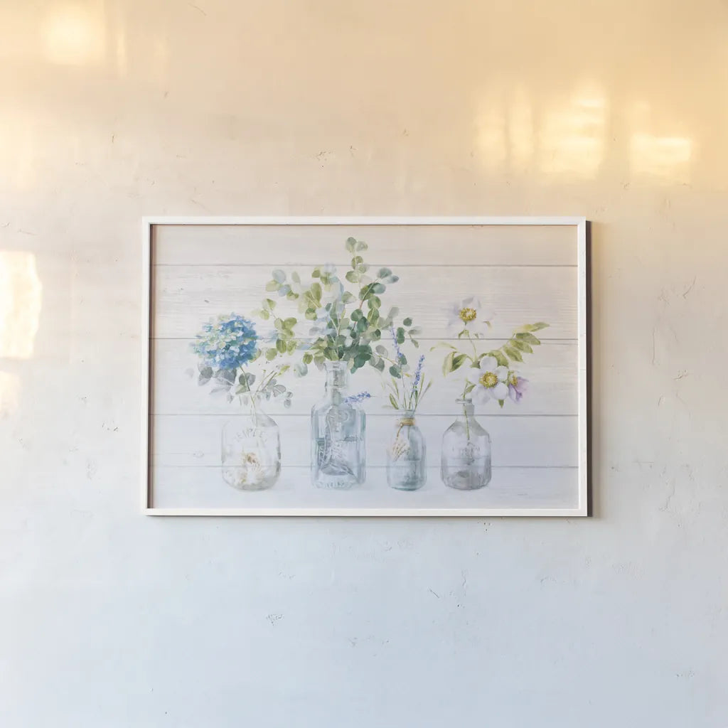 Beach Flowers I Shiplap No Coral by Danhui Nai. shown as a paper print in a white frame. Available as a archival giclee rolled canvas, fine art paper, or poster print. SKU 84634i.