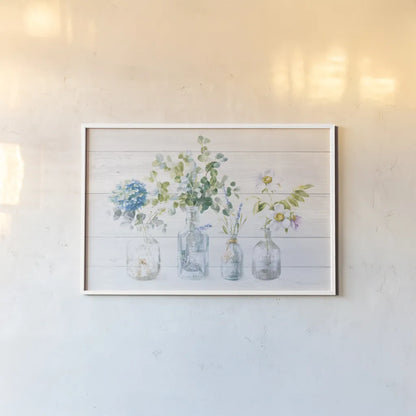 Beach Flowers I Shiplap No Coral by Danhui Nai. shown as a paper print in a white frame. Available as a archival giclee rolled canvas, fine art paper, or poster print. SKU 84634i.