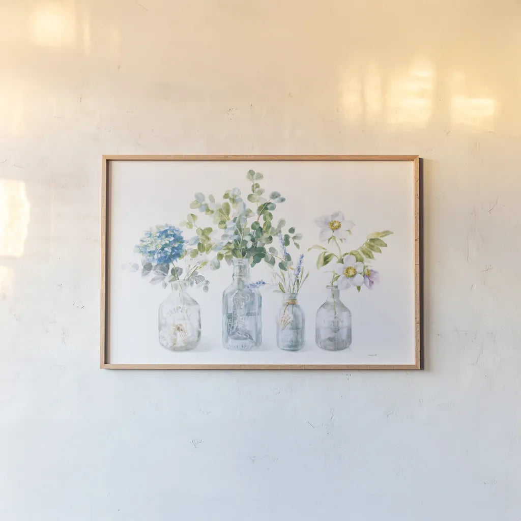 Beach Flowers I no coral by Danhui Nai. shown as a paper print in a natural frame. Available as a archival giclee rolled canvas, fine art paper, or poster print. SKU 80141i.