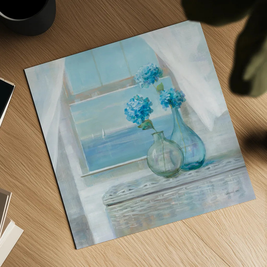 Beach House Hydrangeas by Danhui Nai. Shown as a detailed flat fine art print, highlighting archival giclee quality. Available as an archival giclee rolled canvas, fine art paper, or poster print. SKU 70938a.