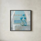 Beach House Hydrangeas by Danhui Nai. Shown in a sleek black glass frame for a contemporary gallery look. Available as an archival giclee rolled canvas, fine art paper, or poster print. SKU 70938a.