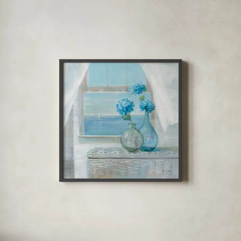 Beach House Hydrangeas by Danhui Nai. Shown in a sleek black glass frame for a contemporary gallery look. Available as an archival giclee rolled canvas, fine art paper, or poster print. SKU 70938a.