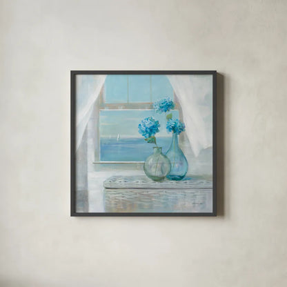 Beach House Hydrangeas by Danhui Nai. Shown in a sleek black glass frame for a contemporary gallery look. Available as an archival giclee rolled canvas, fine art paper, or poster print. SKU 70938a.