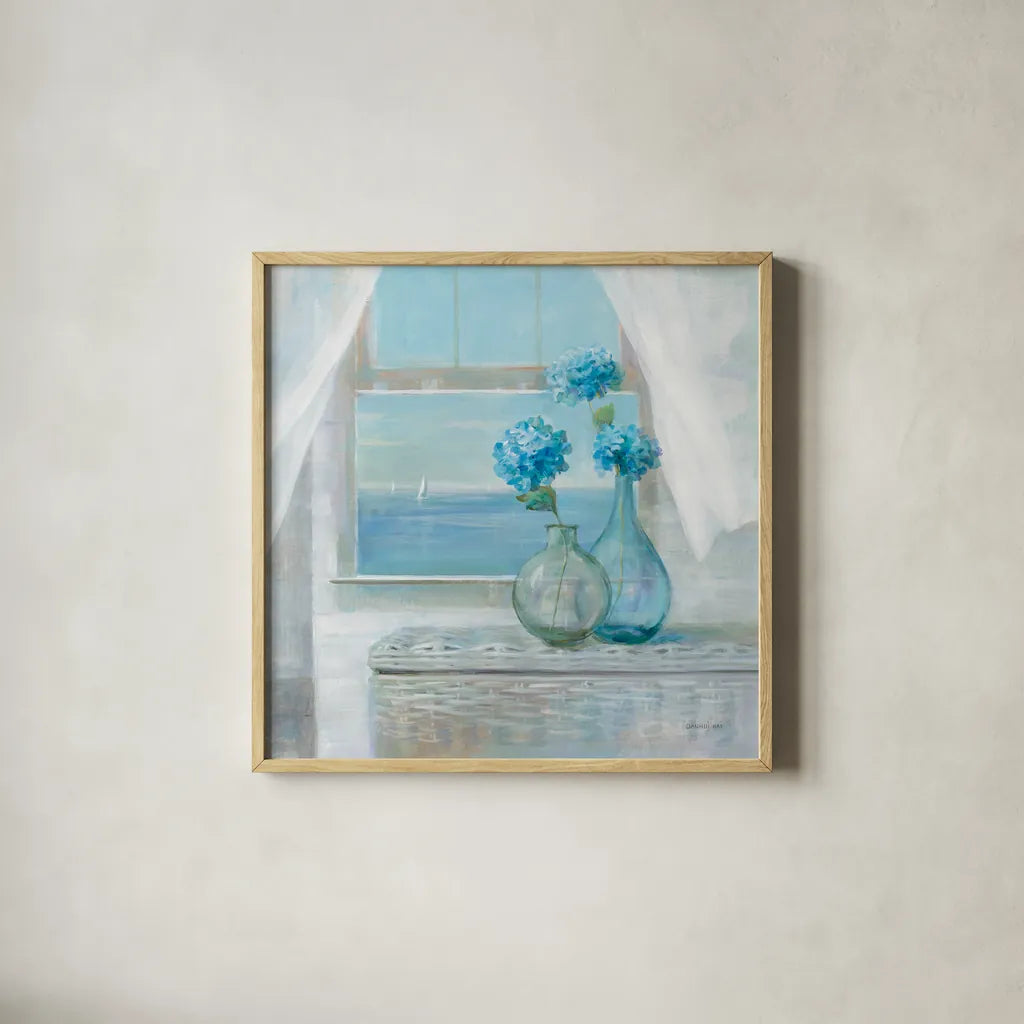 Beach House Hydrangeas by Danhui Nai. Shown in a natural wood glass frame for a timeless modern aesthetic. Available as an archival giclee rolled canvas, fine art paper, or poster print. SKU 70938a.
