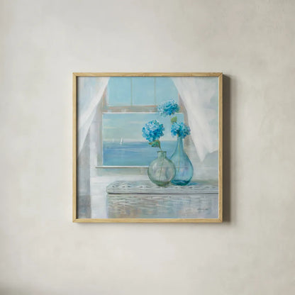 Beach House Hydrangeas by Danhui Nai. Shown in a natural wood glass frame for a timeless modern aesthetic. Available as an archival giclee rolled canvas, fine art paper, or poster print. SKU 70938a.