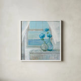 Beach House Hydrangeas by Danhui Nai. Shown in a crisp white glass frame for a clean and minimalist style. Available as an archival giclee rolled canvas, fine art paper, or poster print. SKU 70938a.