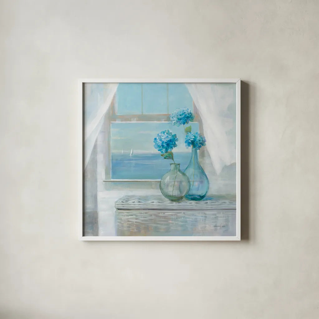 Beach House Hydrangeas by Danhui Nai. Shown in a crisp white glass frame for a clean and minimalist style. Available as an archival giclee rolled canvas, fine art paper, or poster print. SKU 70938a.