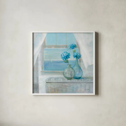Beach House Hydrangeas by Danhui Nai. Shown in a crisp white glass frame for a clean and minimalist style. Available as an archival giclee rolled canvas, fine art paper, or poster print. SKU 70938a.