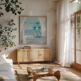 Beach House Hydrangeas by Danhui Nai. Shown in a natural wood frame in a cozy modern living room. Available as an archival giclee rolled canvas, fine art paper, or poster print. SKU 70938a.