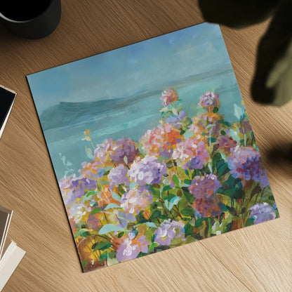 Beach Hydrangeas by Danhui Nai. Shown as a detailed flat fine art print, highlighting archival giclee quality. Available as an archival giclee rolled canvas, fine art paper, or poster print. SKU 81928a.