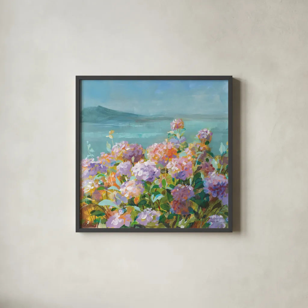 Beach Hydrangeas by Danhui Nai. Shown in a sleek black glass frame for a contemporary gallery look. Available as an archival giclee rolled canvas, fine art paper, or poster print. SKU 81928a.