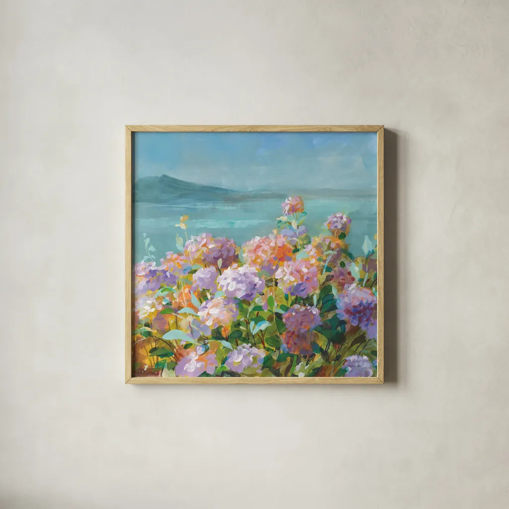 Beach Hydrangeas by Danhui Nai. Shown in a natural wood glass frame for a timeless modern aesthetic. Available as an archival giclee rolled canvas, fine art paper, or poster print. SKU 81928a.