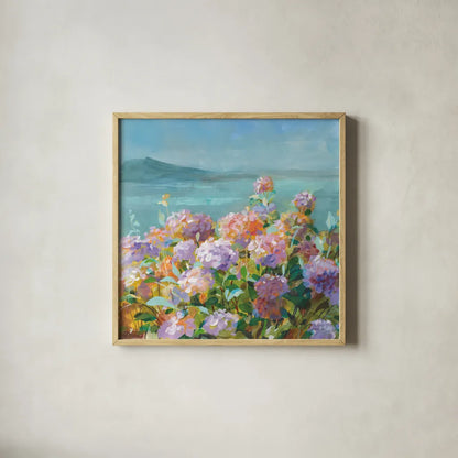 Beach Hydrangeas by Danhui Nai. Shown in a natural wood glass frame for a timeless modern aesthetic. Available as an archival giclee rolled canvas, fine art paper, or poster print. SKU 81928a.