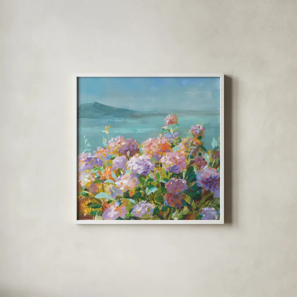 Beach Hydrangeas by Danhui Nai. Shown in a crisp white glass frame for a clean and minimalist style. Available as an archival giclee rolled canvas, fine art paper, or poster print. SKU 81928a.