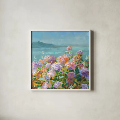 Beach Hydrangeas by Danhui Nai. Shown in a crisp white glass frame for a clean and minimalist style. Available as an archival giclee rolled canvas, fine art paper, or poster print. SKU 81928a.