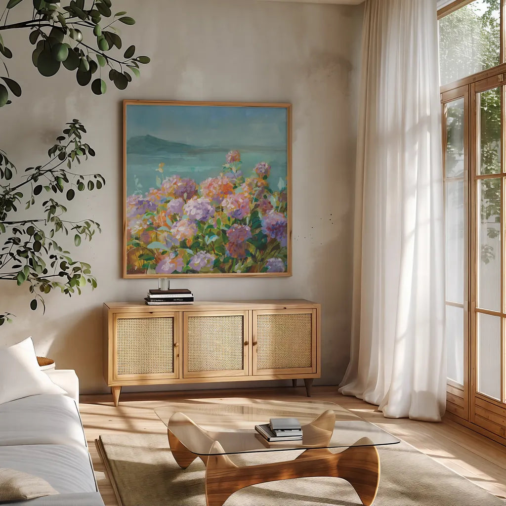 Beach Hydrangeas by Danhui Nai. Shown in a natural wood frame in a cozy modern living room. Available as an archival giclee rolled canvas, fine art paper, or poster print. SKU 81928a.