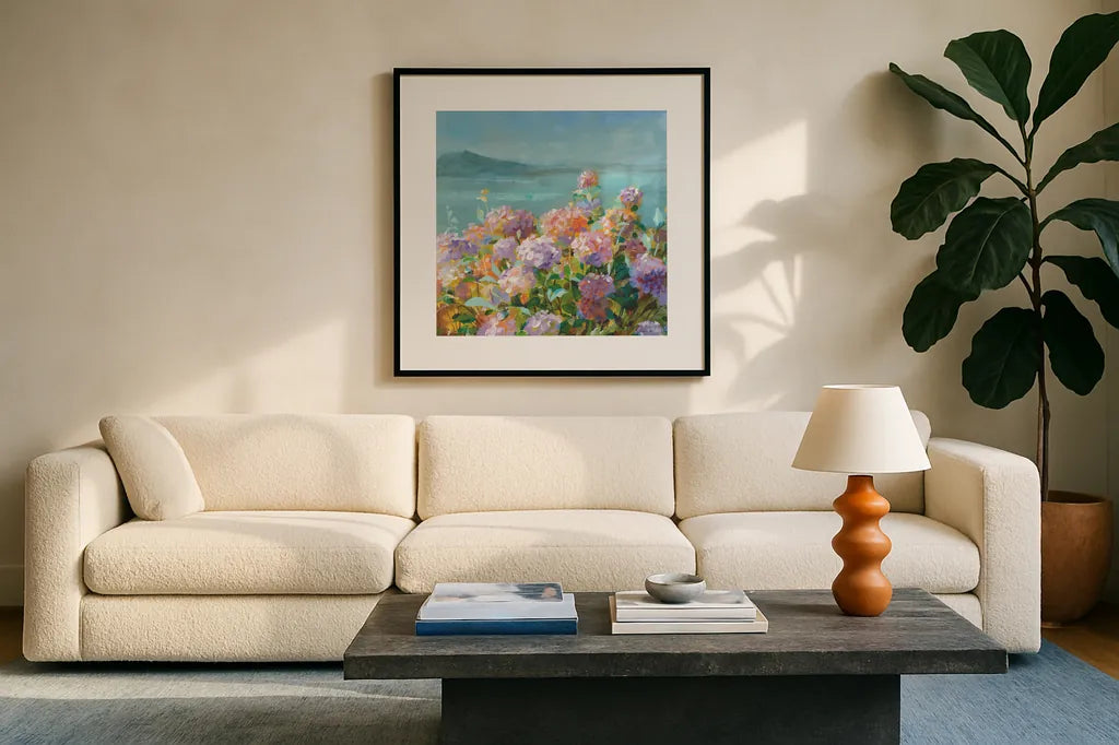 Beach Hydrangeas by Danhui Nai. Displayed in a glass frame with matte in a clean modern living room. Available as an archival giclee rolled canvas, fine art paper, or poster print. SKU 81928a.