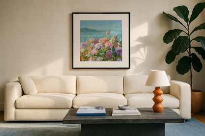 Beach Hydrangeas by Danhui Nai. Displayed in a glass frame with matte in a clean modern living room. Available as an archival giclee rolled canvas, fine art paper, or poster print. SKU 81928a.