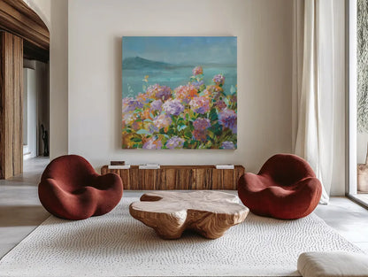 Beach Hydrangeas by Danhui Nai. Shown as extra-large giant wall art in a modern living room. Available as an archival giclee rolled canvas, fine art paper, or poster print. SKU 81928a.