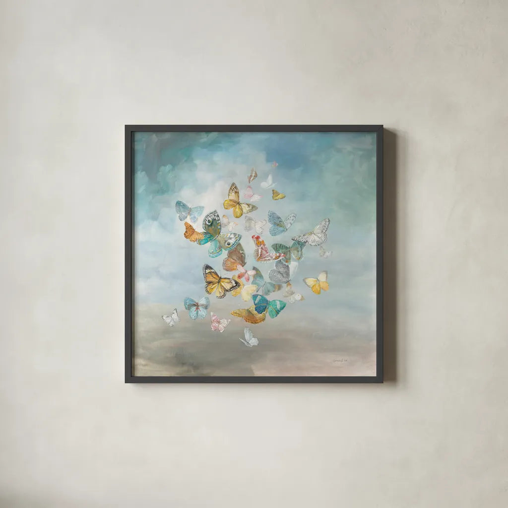 Beautiful Butterflies by Danhui Nai. Shown in a sleek black glass frame for a contemporary gallery look. Available as an archival giclee rolled canvas, fine art paper, or poster print. SKU 38232a.