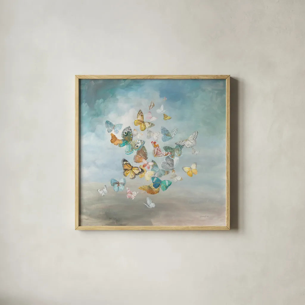 Beautiful Butterflies by Danhui Nai. Shown in a natural wood glass frame for a timeless modern aesthetic. Available as an archival giclee rolled canvas, fine art paper, or poster print. SKU 38232a.