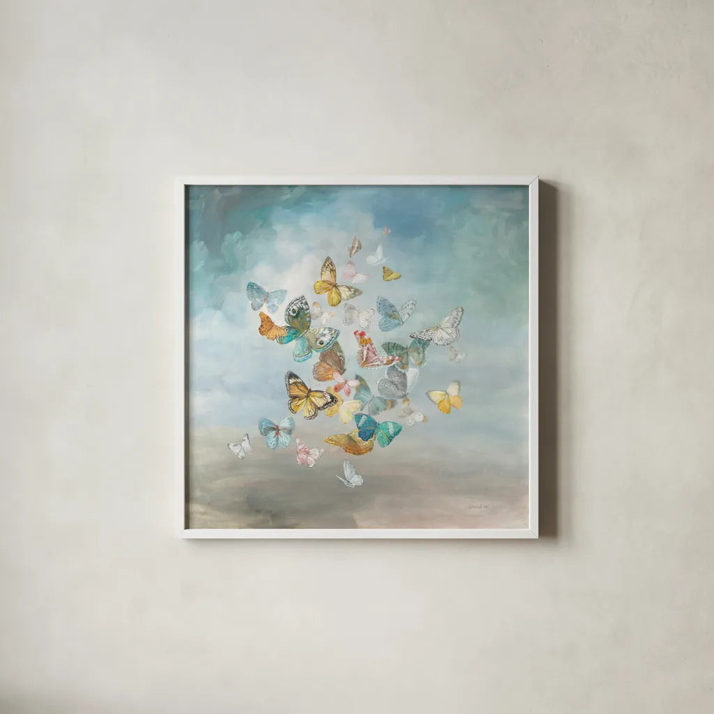 Beautiful Butterflies by Danhui Nai. Shown in a crisp white glass frame for a clean and minimalist style. Available as an archival giclee rolled canvas, fine art paper, or poster print. SKU 38232a.