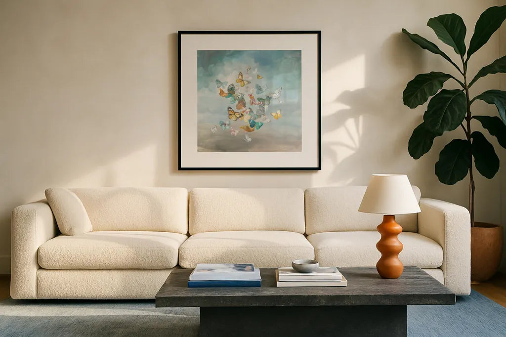 Beautiful Butterflies by Danhui Nai. Displayed in a glass frame with matte in a clean modern living room. Available as an archival giclee rolled canvas, fine art paper, or poster print. SKU 38232a.