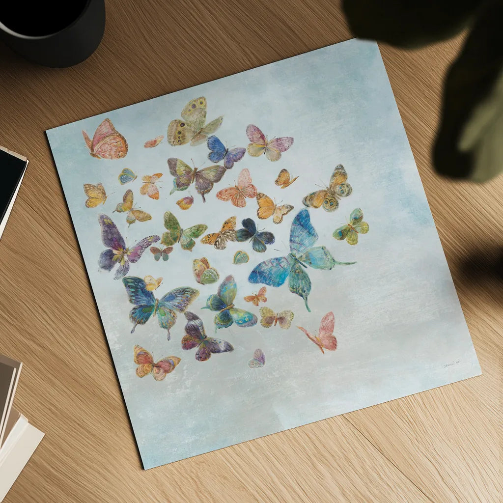 Beautiful Butterflies v3 Sq Light by Danhui Nai. Shown as a detailed flat fine art print, highlighting archival giclee quality. Available as an archival giclee rolled canvas, fine art paper, or poster print. SKU 48720a.
