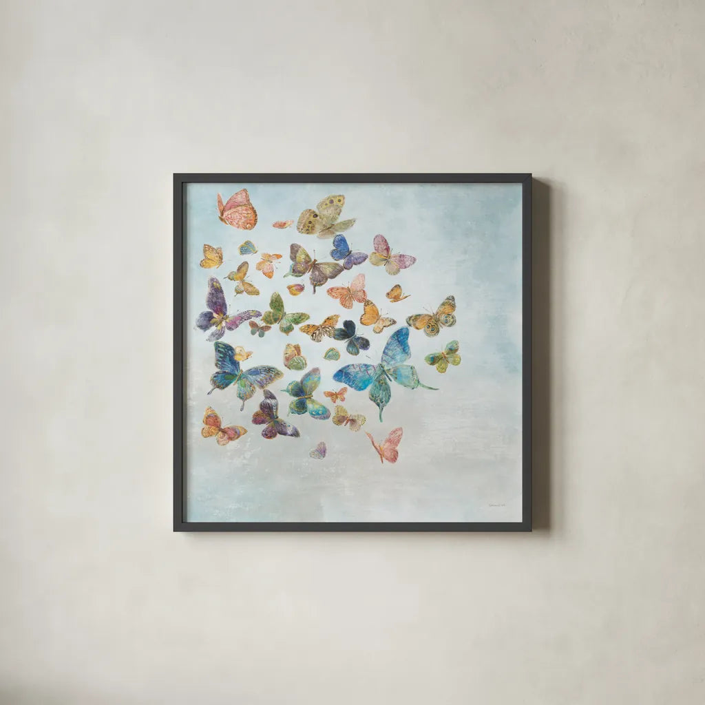 Beautiful Butterflies v3 Sq Light by Danhui Nai. Shown in a sleek black glass frame for a contemporary gallery look. Available as an archival giclee rolled canvas, fine art paper, or poster print. SKU 48720a.