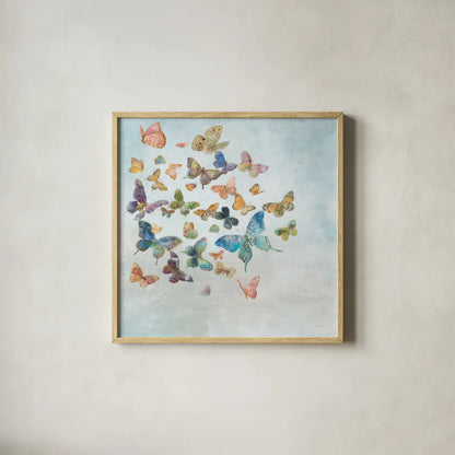 Beautiful Butterflies v3 Sq Light by Danhui Nai. Shown in a natural wood glass frame for a timeless modern aesthetic. Available as an archival giclee rolled canvas, fine art paper, or poster print. SKU 48720a.