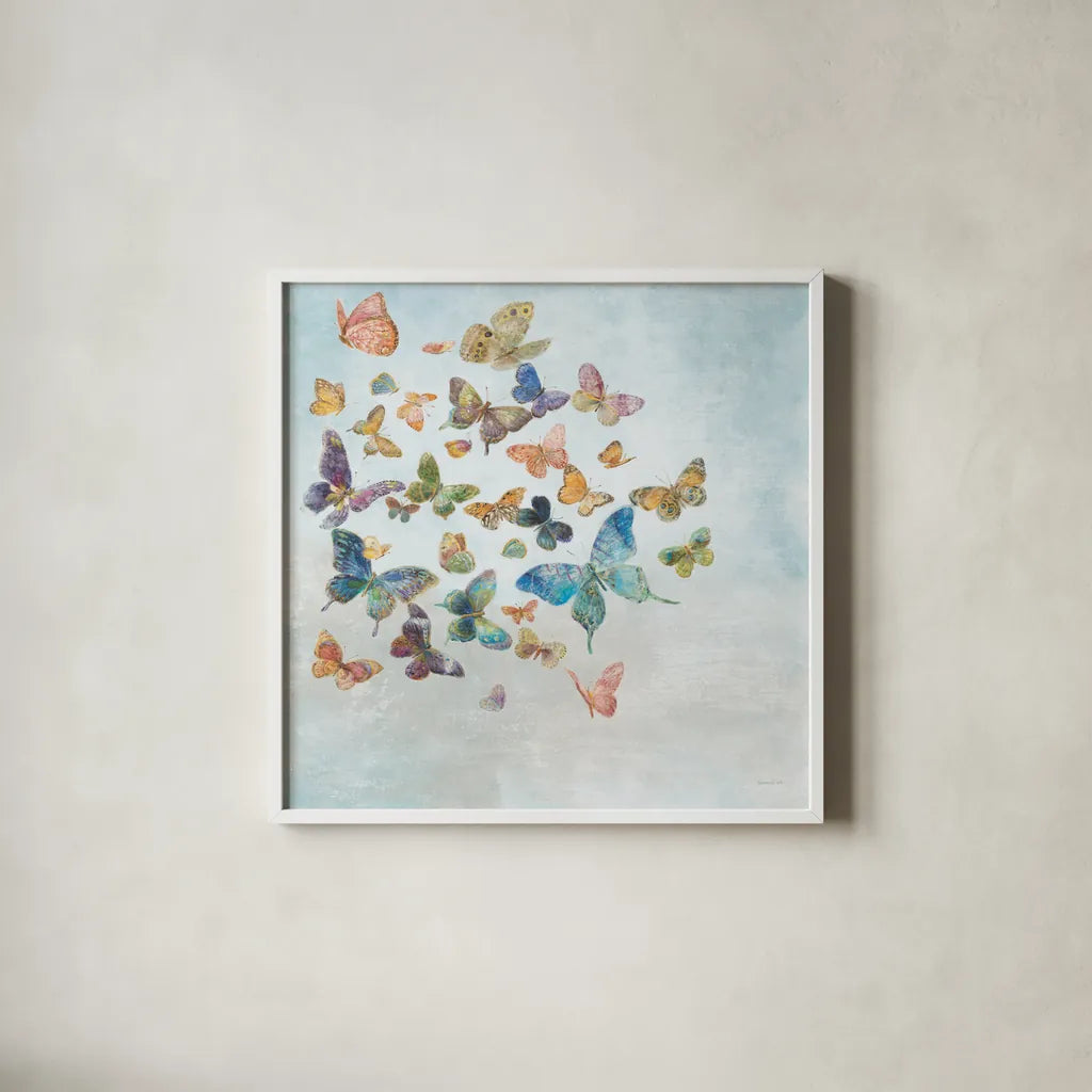 Beautiful Butterflies v3 Sq Light by Danhui Nai. Shown in a crisp white glass frame for a clean and minimalist style. Available as an archival giclee rolled canvas, fine art paper, or poster print. SKU 48720a.