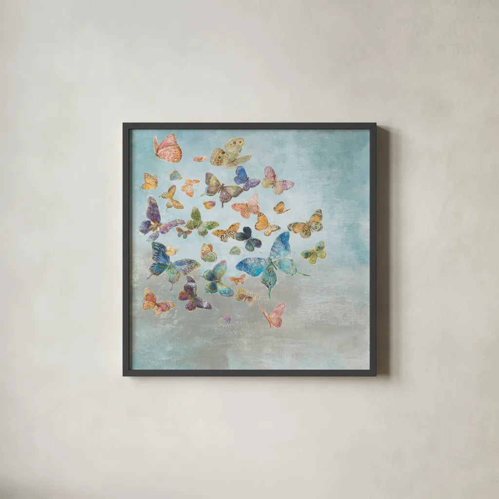 Beautiful Butterflies v3 Square by Danhui Nai. Shown in a sleek black glass frame for a contemporary gallery look. Available as an archival giclee rolled canvas, fine art paper, or poster print. SKU 47868a.